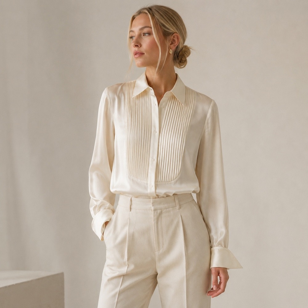 Brooks Brothers Silk Tuxedo Blouse Womens Size 6 Ivory Pleated Bib Shirt Luxury